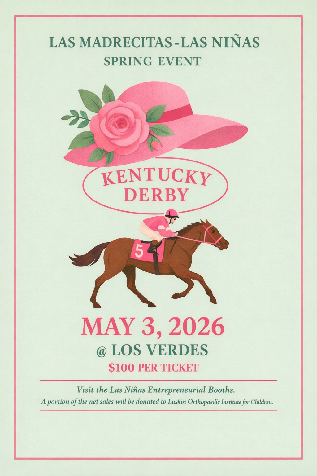 Las Madrecitas - Las Niñas 2026 Spring Event: Kentucky Derby poster, pink hat with rose decoration and brown horse with pink clad jockey