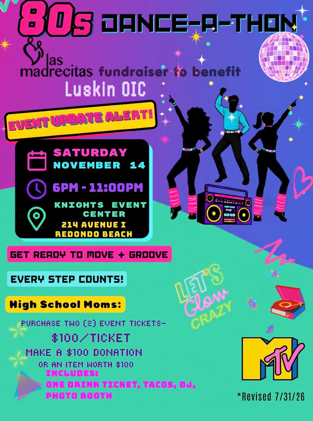 80s Dance-A-Thon Las Madrecitas Fall Fundraiser to benefit Luskin OIC, dancer silhouettes on brightly colored background